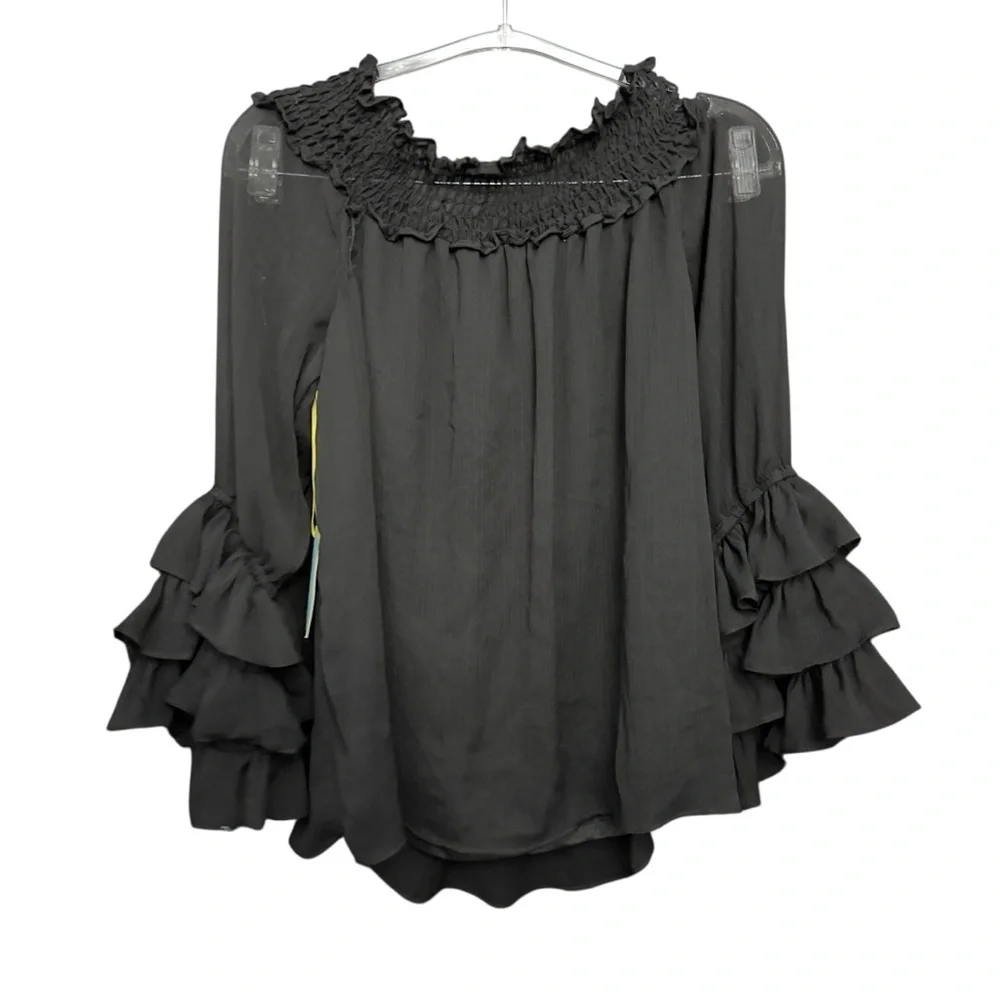 CeCe XS Black Smocked Neck Ruffle Sleeve Blouse Top NWT - Picture 3 of 8